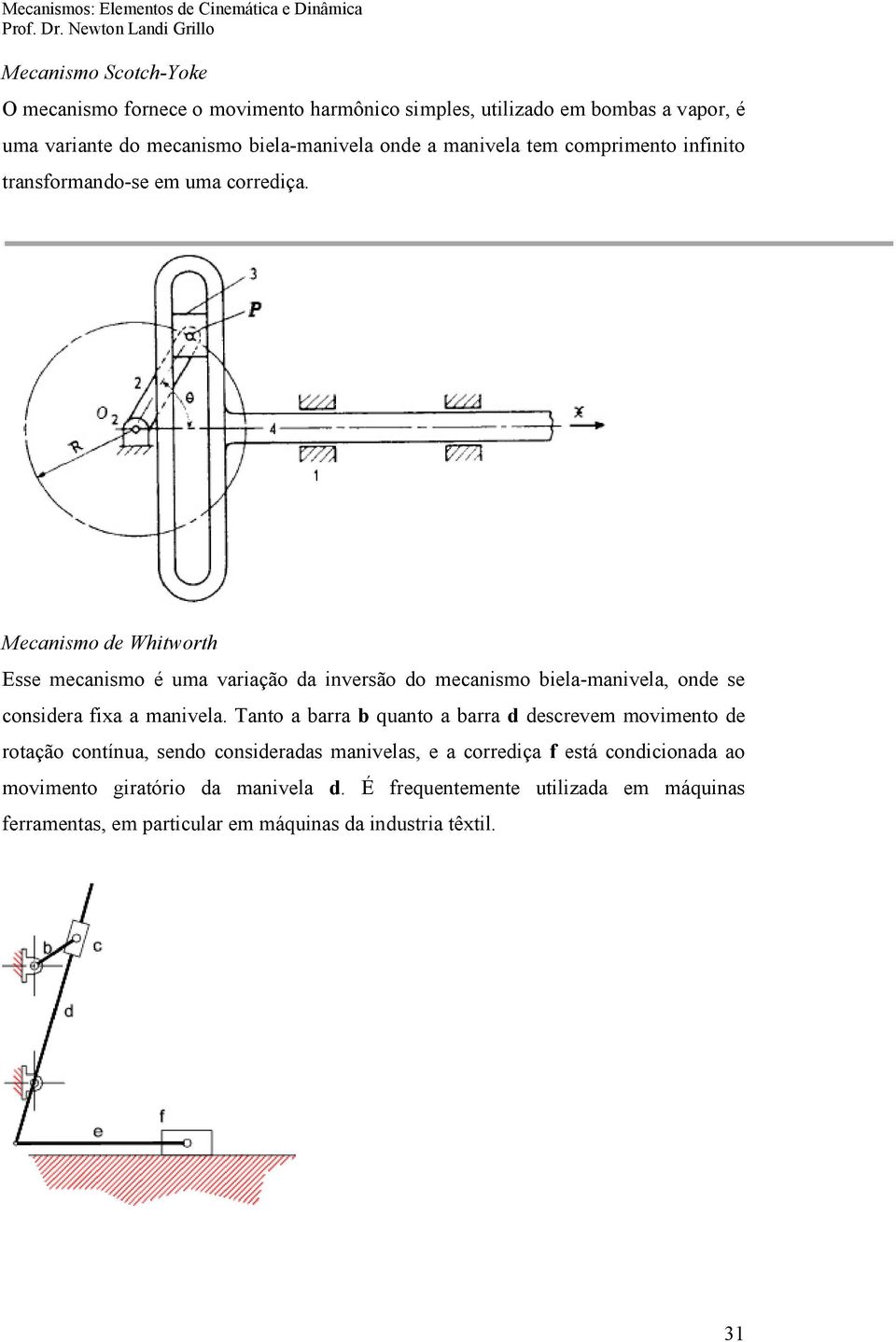 Mecanismo de Whitworth Esse mecanismo é uma variação da inversão do mecanismo biela-manivela, onde se considera fixa a manivela.