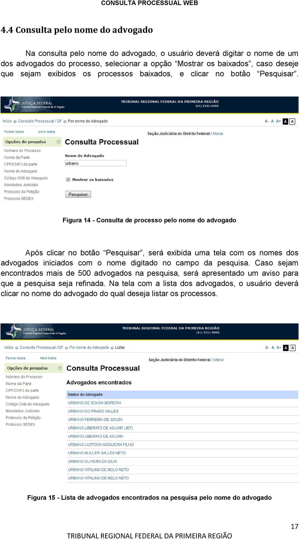 Figura 14 - Consulta de processo pelo nome do advogado Após clicar no botão Pesquisar, será exibida uma tela com os nomes dos advogados iniciados com o nome digitado no campo da pesquisa.