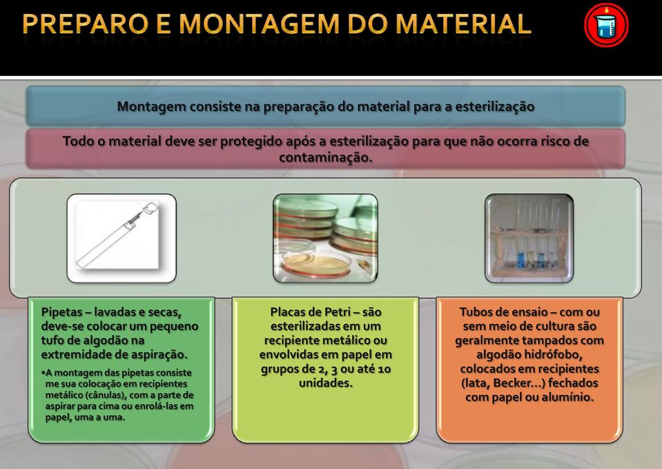 A montagem das pipetas consiste me sua colocação em recipientes metálico (cânulas), com a parte de aspirar para cima ou enrolá-las em papel, uma a uma.