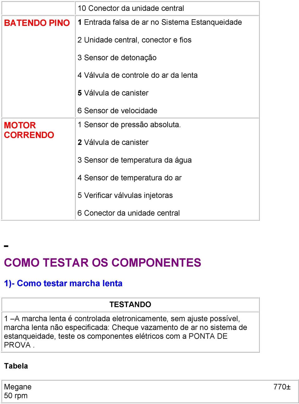 2 Válvula de canister 3 Sensor de temperatura da água 4 Sensor de temperatura do ar 5 Verificar válvulas injetoras 6 Conector da unidade central COMO TESTAR OS COMPONENTES