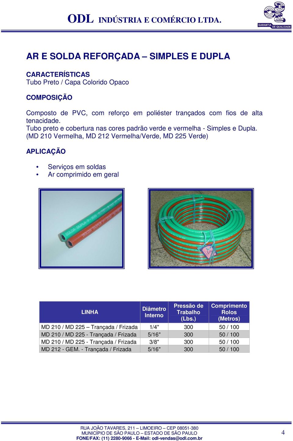 (MD 210 Vermelha, MD 212 Vermelha/Verde, MD 225 Verde) Serviços em soldas Ar comprimido em geral MD 210 / MD 225 Trançada / Frizada