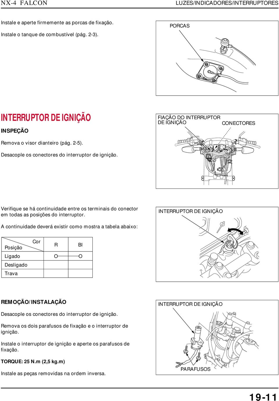 Verifique se há continuidade entre os terminais do conector em todas as posições do interruptor.