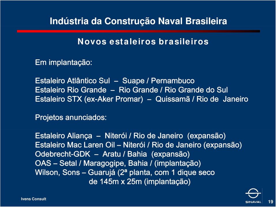 Rio de Janeiro (expansão) Estaleiro Mac Laren Oil Niterói / Rio de Janeiro (expansão) Odebrecht-GDK Aratu / Bahia (expansão)