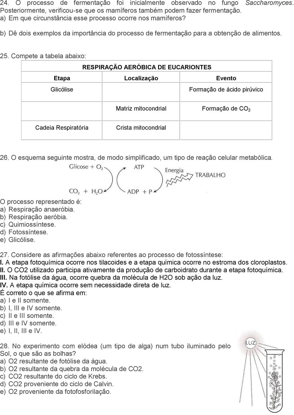 Compete a tabela abaixo: RESPIRAÇÃO AERÓBICA DE EUCARIONTES Etapa Localização Evento Glicólise Formação de ácido pirúvico Matriz mitocondrial Formação de CO 2 Cadeia Respiratória Crista mitocondrial