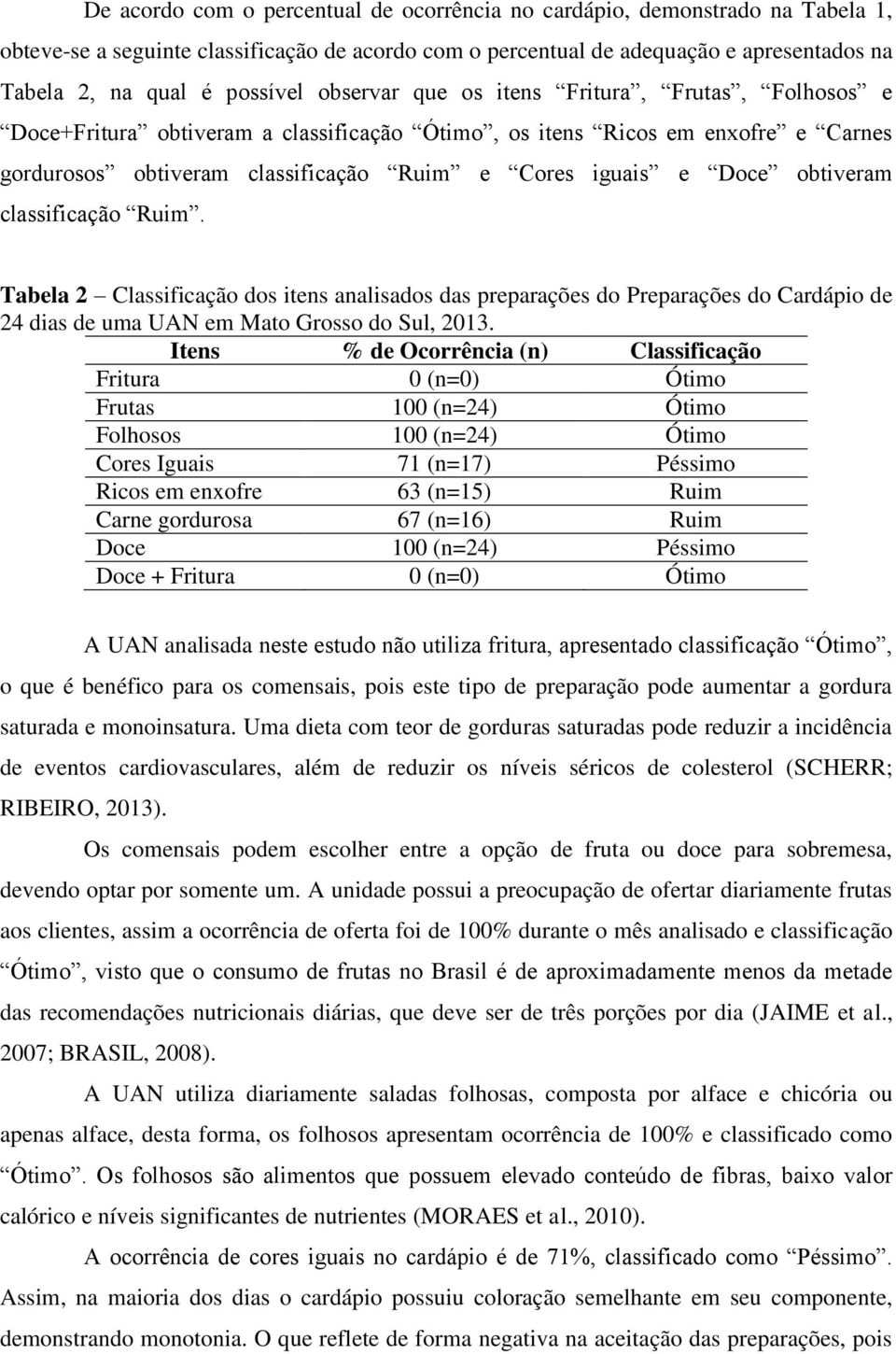 Doce obtiveram classificação Ruim. Tabela 2 Classificação dos itens analisados das preparações do Preparações do Cardápio de 24 dias de uma UAN em Mato Grosso do Sul, 2013.