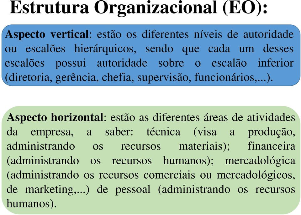 Aspecto horizontal: estão as diferentes áreas de atividades da empresa, a saber: técnica (visa a produção, administrando os recursos materiais);