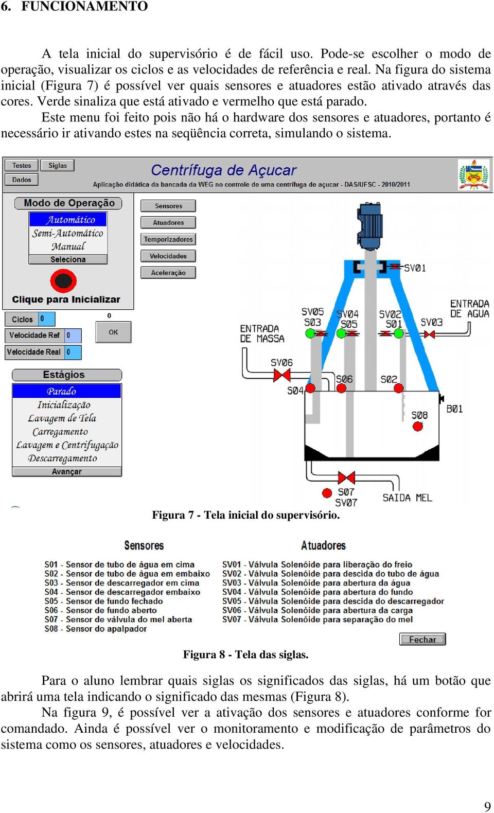 Este menu foi feito pois não há o hardware dos sensores e atuadores, portanto é necessário ir ativando estes na seqüência correta, simulando o sistema. Figura 7 - Tela inicial do supervisório.