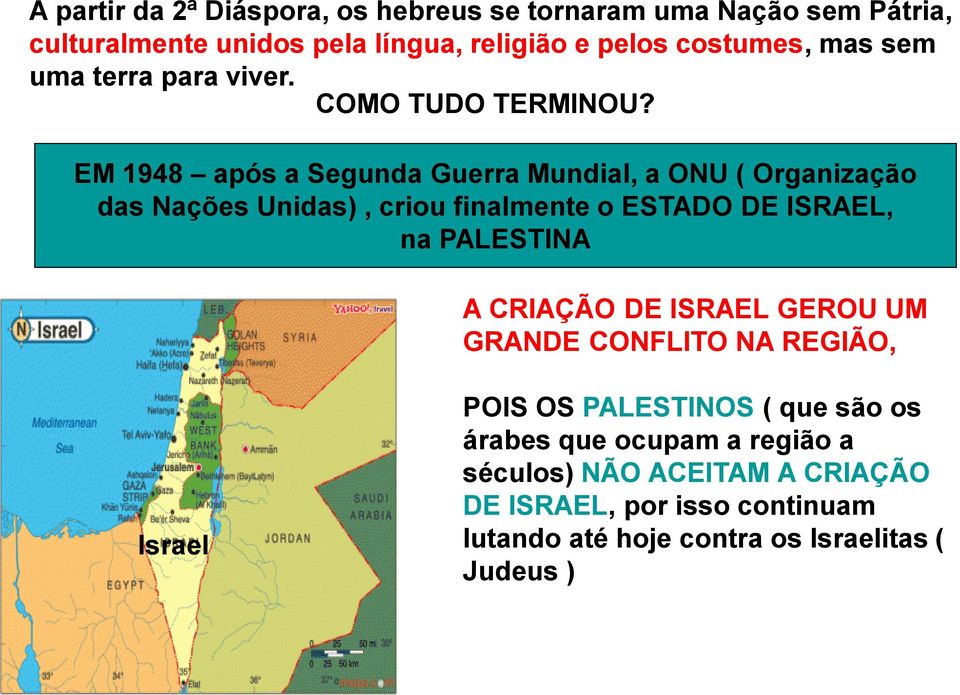 EM 1948 após a Segunda Guerra Mundial, a ONU ( Organização das Nações Unidas), criou finalmente o ESTADO DE ISRAEL, na PALESTINA A