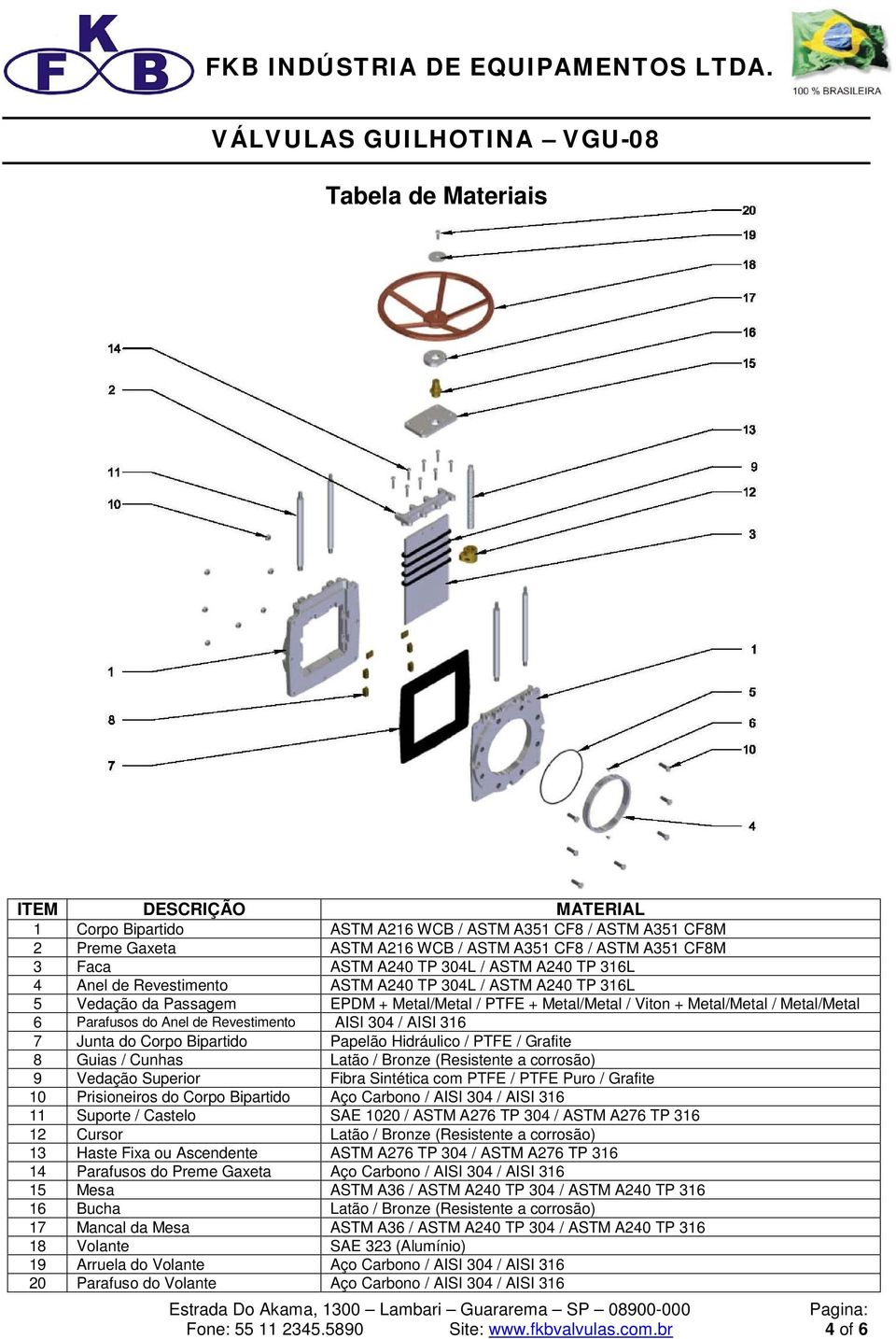 Revestimento AISI 304 / AISI 316 7 Junta do Corpo Bipartido Papelão Hidráulico / PTFE / Grafite 8 Guias / Cunhas Latão / Bronze (Resistente a corrosão) 9 Vedação Superior Fibra Sintética com PTFE /