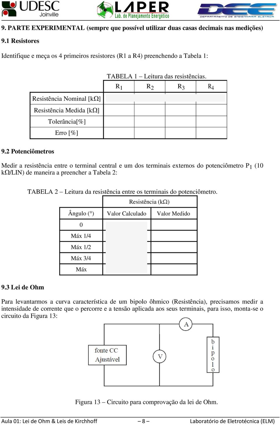 R 1 R 2 R 3 R 4 Resistência Nominal [k] Resistência Medida [k] Tolerância[%] Erro [%] 9.