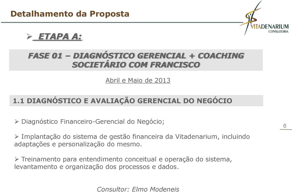 1 DIAGNÓSTICO E AVALIAÇÃO GERENCIAL DO NEGÓCIO Diagnóstico Financeiro-Gerencial do Negócio; Implantação do sistema