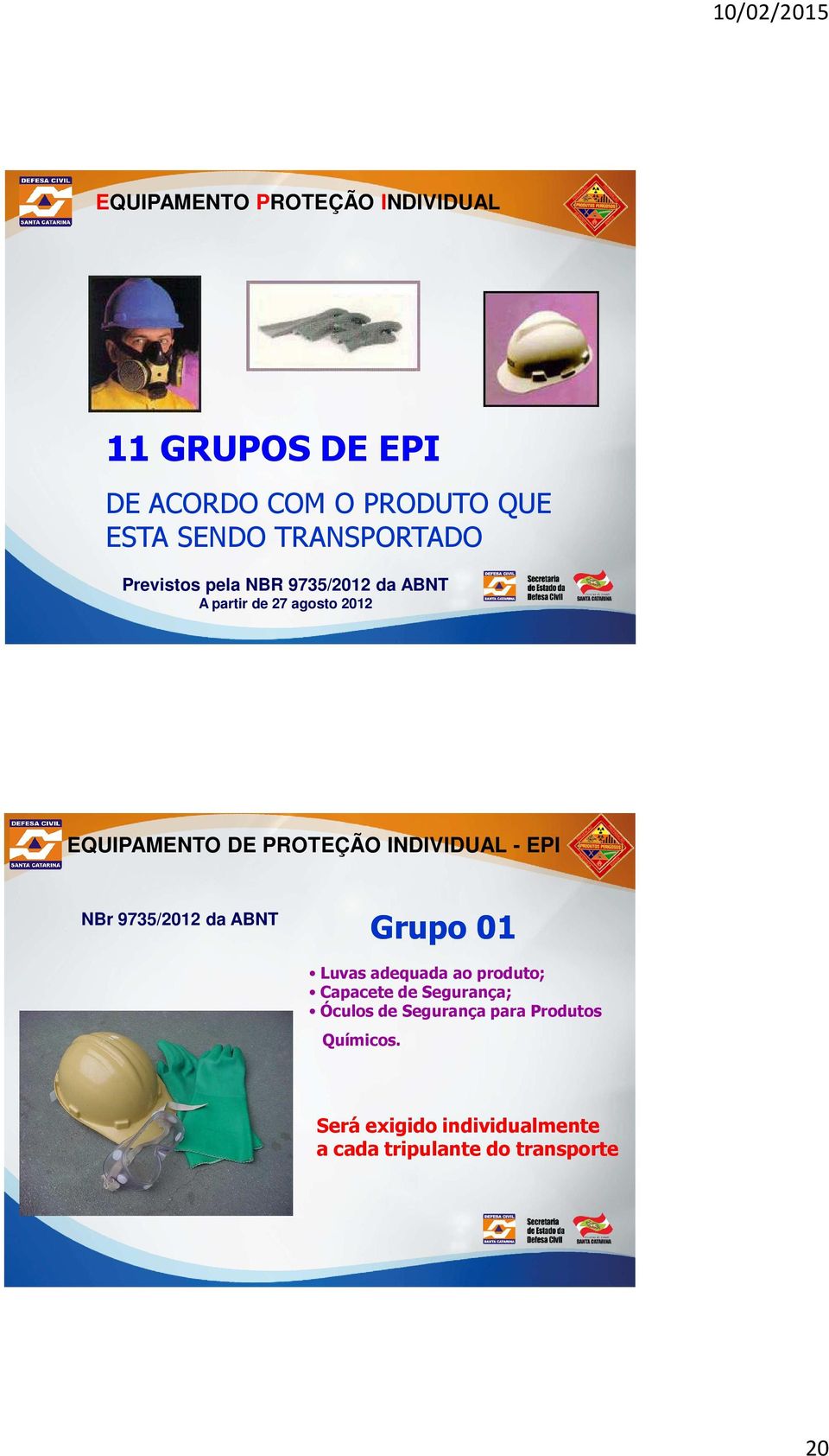 PROTEÇÃO INDIVIDUAL - EPI NBr 9735/2012 da ABNT Grupo 01 Luvas adequada ao produto; Capacete de
