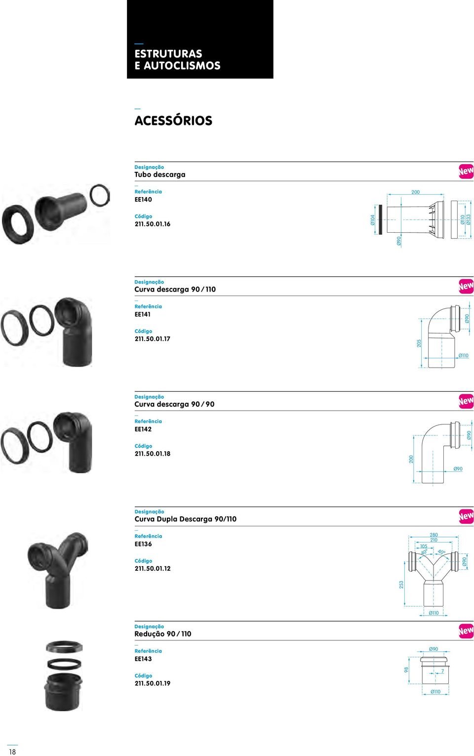 50.01.18 Ø90 Curva Dupla Descarga 90/110 EE136 211.50.01.12 105 40º 280 210 40º Ø110 Redução 90 110 EE143 211.