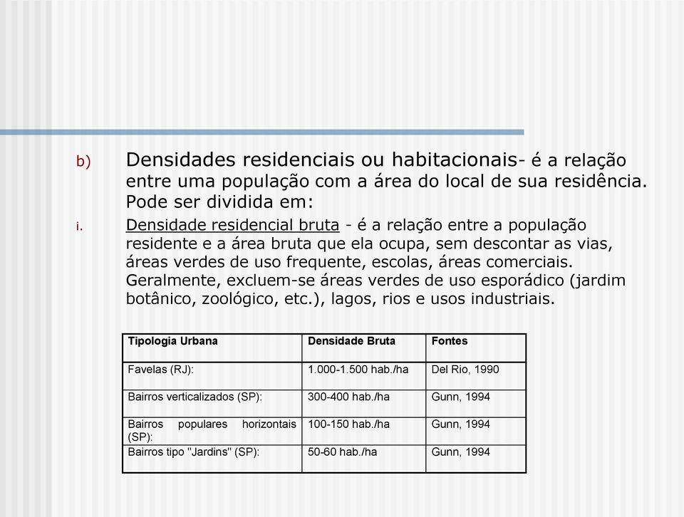 comerciais. Geralmente, excluem-se áreas verdes de uso esporádico (jardim botânico, zoológico, etc.), lagos, rios e usos industriais.