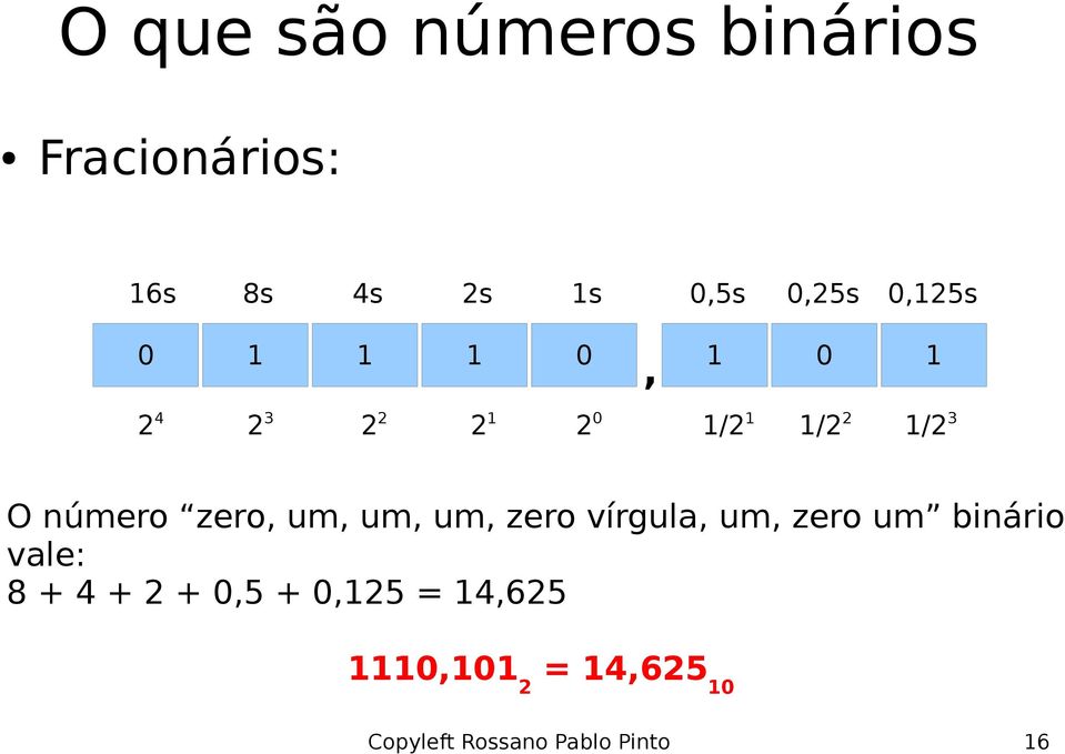 um, zero vírgula, um, zero um binário vale: 8 + 4 + 2 + 0,5 +