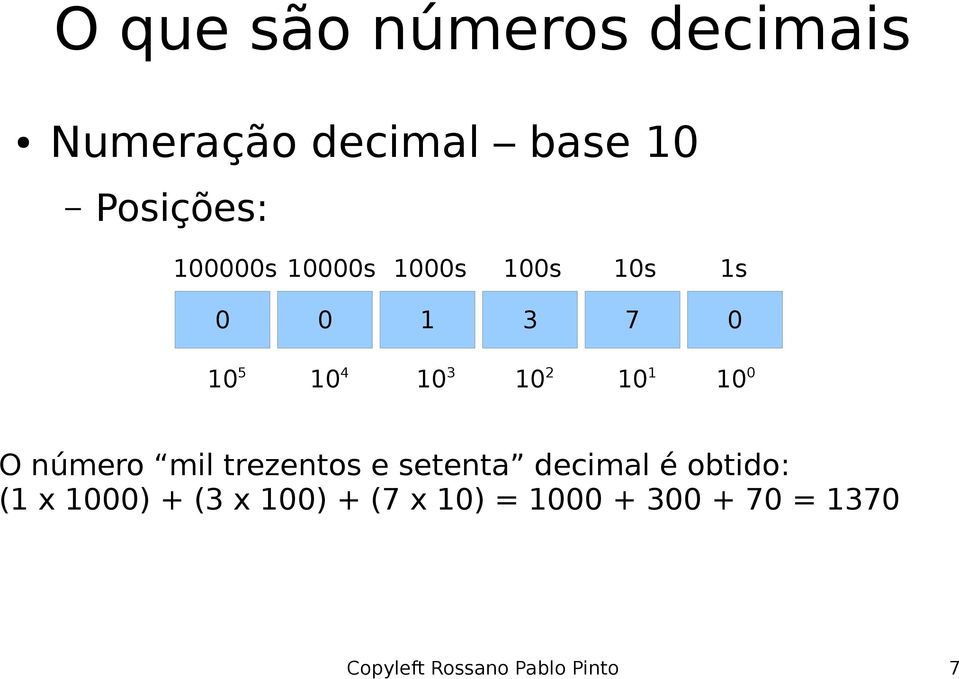 10 0 O número mil trezentos e setenta decimal é obtido: (1 x 1000) +
