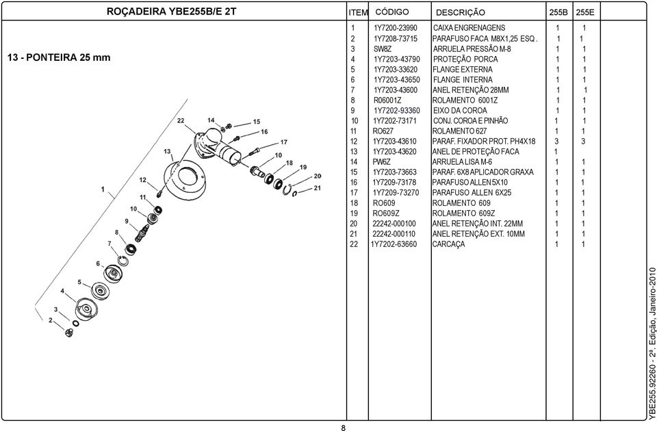 6001Z 1 1 9 1Y7202-93360 EIXO DA COROA 1 1 10 1Y7202-73171 CONJ. COROA E PINHÃO 1 1 11 RO627 ROLAMENTO 627 1 1 12 1Y7203-43610 PARAF. FIXADOR PROT.