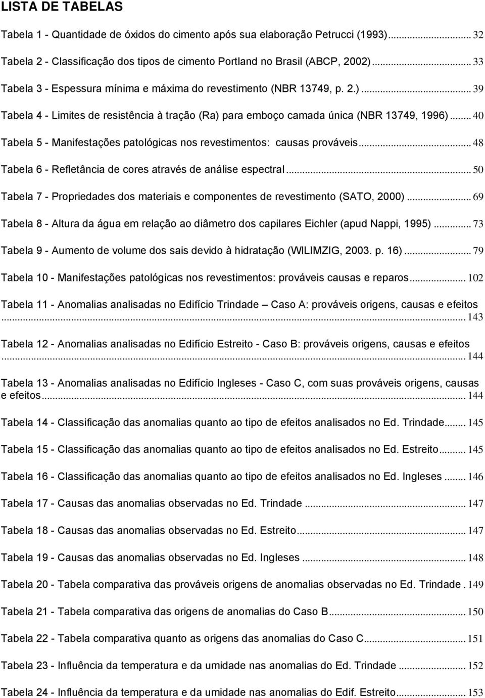 .. 40 Tabela 5 - Manifestações patológicas nos revestimentos: causas prováveis... 48 Tabela 6 - Refletância de cores através de análise espectral.