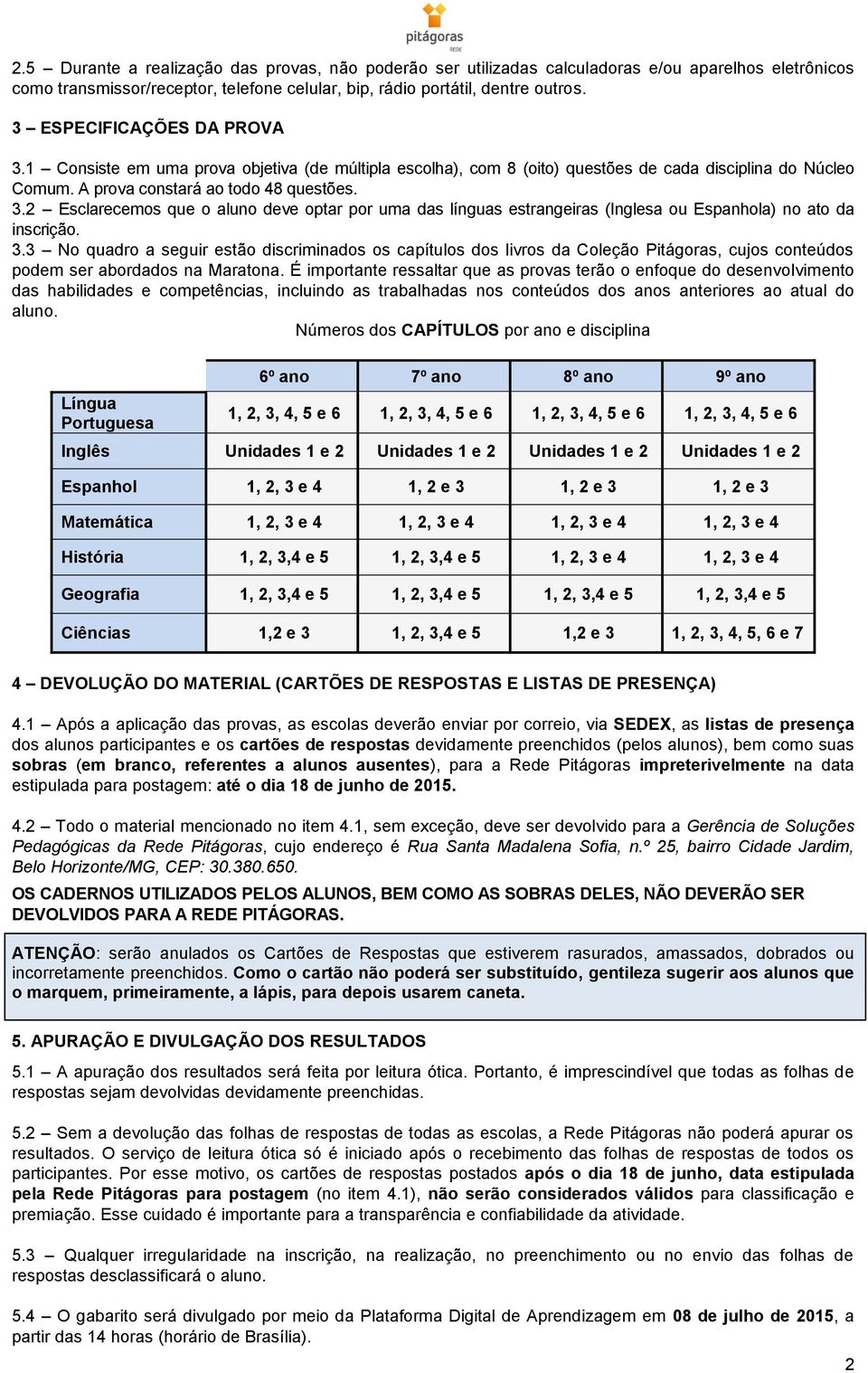 3.3 No quadro a seguir estão discriminados os capítulos dos livros da Coleção Pitágoras, cujos conteúdos podem ser abordados na Maratona.