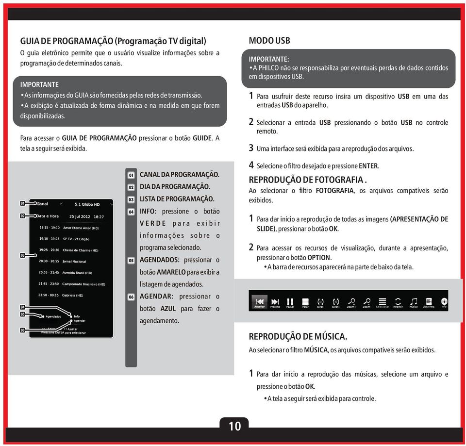 Para acessar o GUIA DE PROGRAMAÇÃO pressionar o botão GUIDE. A tela a seguir será exibida. MODO USB A PHILCO não se responsabiliza por eventuais perdas de dados contidos em dispositivos USB.