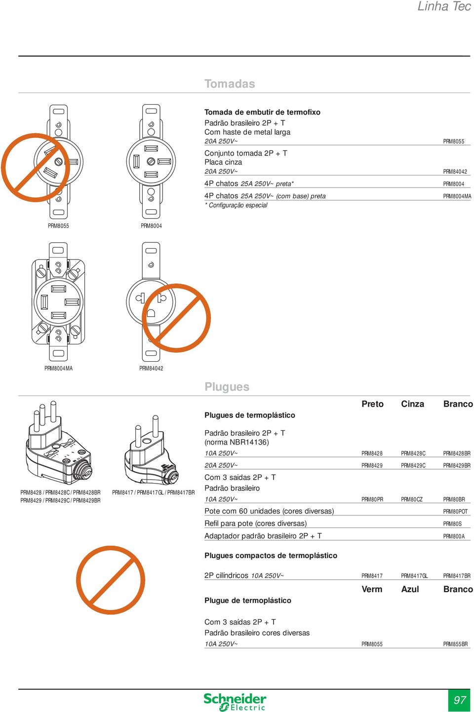 PRM8429 / PRM8429C / PRM8429BR PRM8417 / PRM8417GL / PRM8417BR Padrão brasileiro 2P + T (norma NBR14136) 10A 250V~ PRM8428 PRM8428C PRM8428BR 20A 250V~ PRM8429 PRM8429C PRM8429BR Com 3 saidas 2P + T