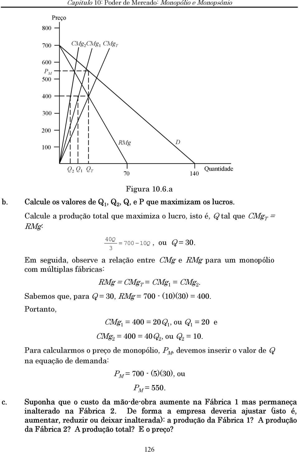 Em seguida, observe a relação entre CMg e RMg para um monopólio com múltiplas fábricas: RMg = CMg T = CMg 1 = CMg. Sabemos que, para = 30, RMg = 700 - (10)(30) = 400.