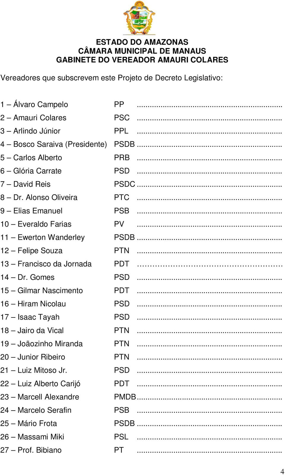 .. 12 Felipe Souza PTN... 13 Francisco da Jornada PDT 14 Dr. Gomes PSD... 15 Gilmar Nascimento PDT... 16 Hiram Nicolau PSD... 17 Isaac Tayah PSD... 18 Jairo da Vical PTN.