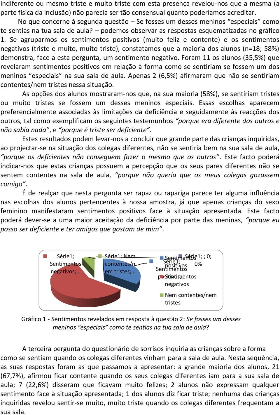 Se agruparmos os sentimentos positivos (muito feliz e contente) e os sentimentos negativos (triste e muito, muito triste), constatamos que a maioria dos alunos (n=18; 58%) demonstra, face a esta