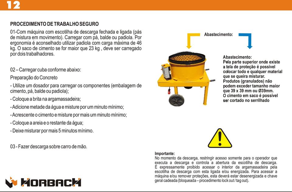 02 Carregar cuba conforme abaixo: Preparação do Concreto - Utilize um dosador para carregar os componentes (embalagem de cimento, pá, balde ou padiola); - Coloque a brita na argamassadeira; -