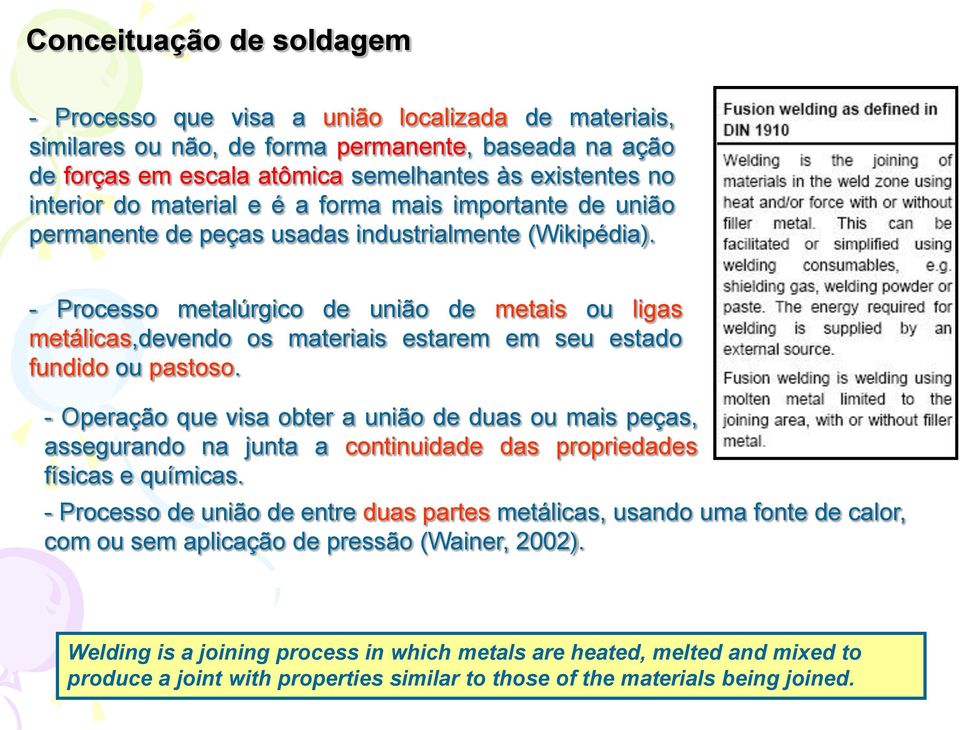 - Processo metalúrgico de união de metais ou ligas metálicas,devendo os materiais estarem em seu estado fundido ou pastoso.