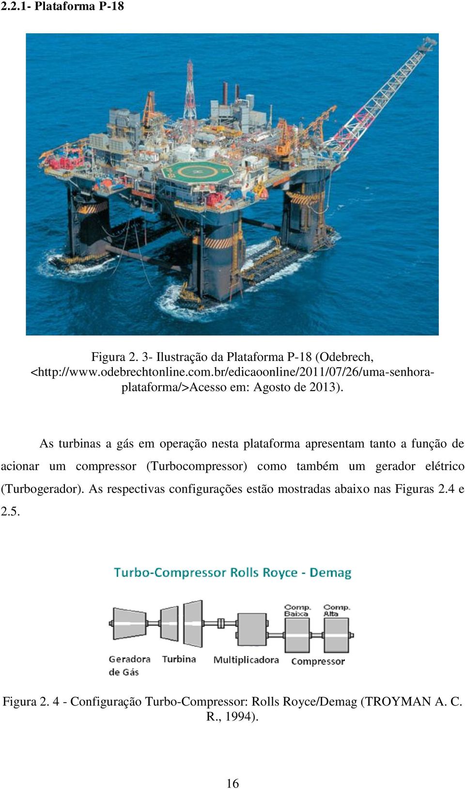 As turbinas a gás em operação nesta plataforma apresentam tanto a função de acionar um compressor (Turbocompressor) como também