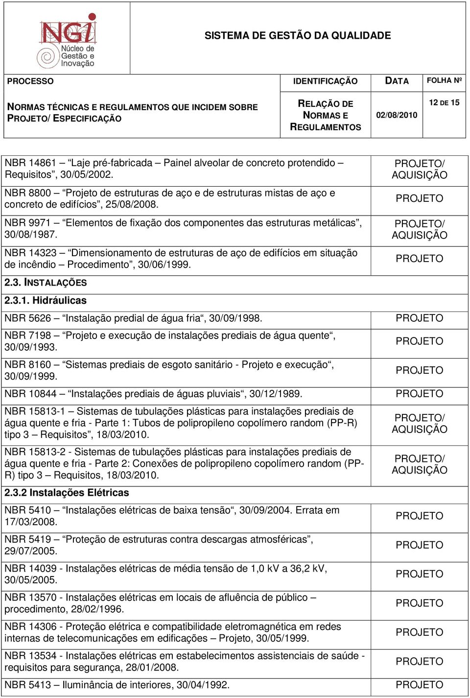 NBR 14323 Dimensionamento de estruturas de aço de edifícios em situação de incêndio Procedimento, 30/06/1999. 2.3. INSTALAÇÕES 2.3.1. Hidráulicas NBR 5626 Instalação predial de água fria, 30/09/1998.