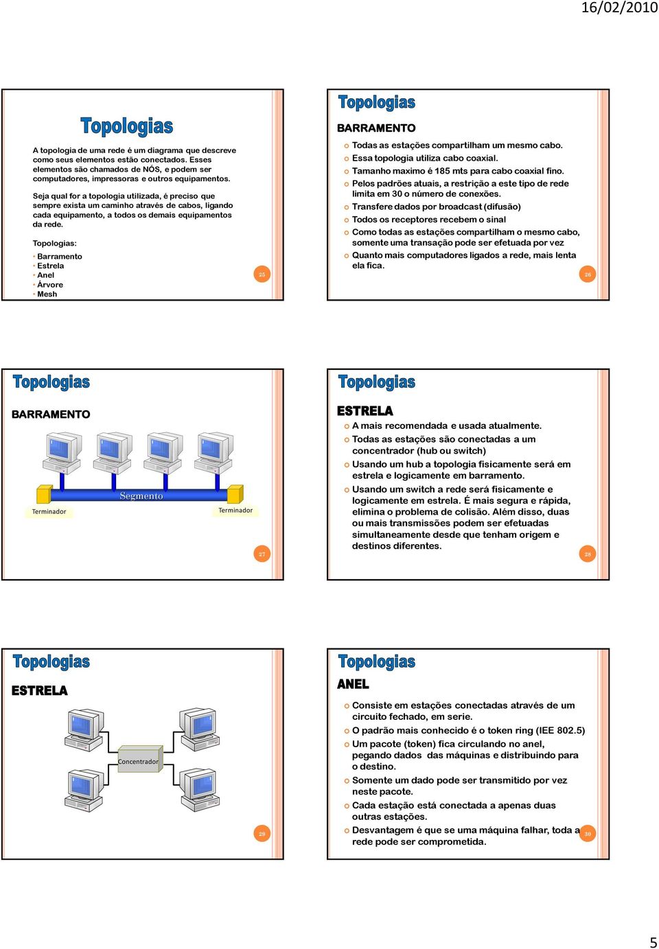 Topologias: Barramento Estrela Anel Árvore Mesh 25 Todas as estações compartilham um mesmo cabo. Essa topologia utiliza cabo coaxial. Tamanho maximo é 185 mts para cabo coaxial fino.