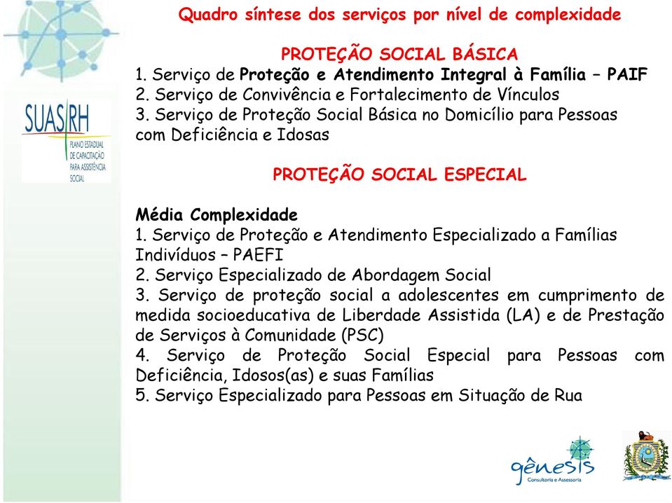 Serviço de Proteção e Atendimento Especializado a Famílias Indivíduos PAEFI 2. Serviço Especializado de Abordagem Social 3.