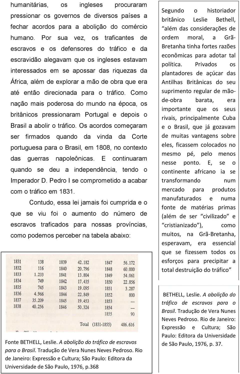 que era até então direcionada para o tráfico. Como nação mais poderosa do mundo na época, os britânicos pressionaram Portugal e depois o Brasil a abolir o tráfico.
