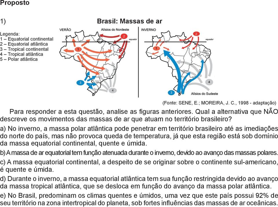 a) No inverno, a massa polar atlântica pode penetrar em território brasileiro até as imediações do norte do país, mas não provoca queda de temperatura, já que esta região está sob domínio da massa