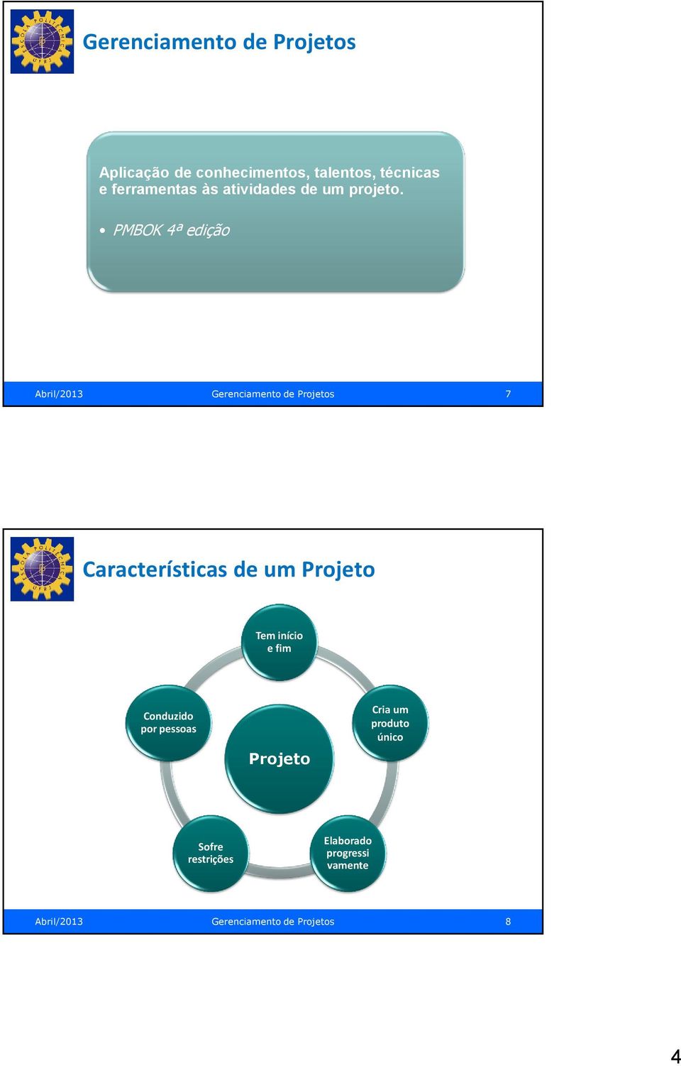 PMBOK 4ª edição Abril/2013 Gerenciamento de Projetos 7 Características de um Projeto Tem