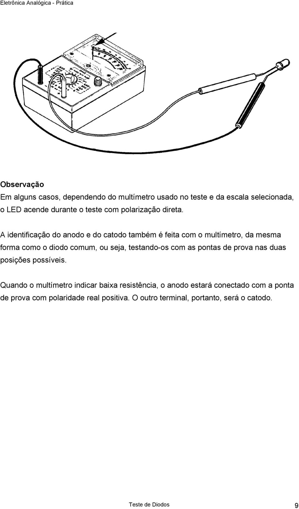 A identificação do anodo e do catodo também é feita com o multímetro, da mesma forma como o diodo comum, ou seja, testando-os