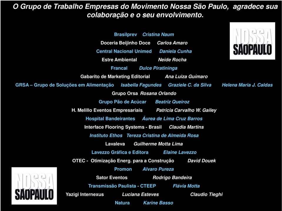 Guímaro GRSA Grupo de Soluções em Alimentação Isabella Fagundes Graziele C. da Silva Helena Maria J. Caldas Grupo Orsa Rosana Orlando Grupo Pão de Acúcar Beatriz Queiroz H.