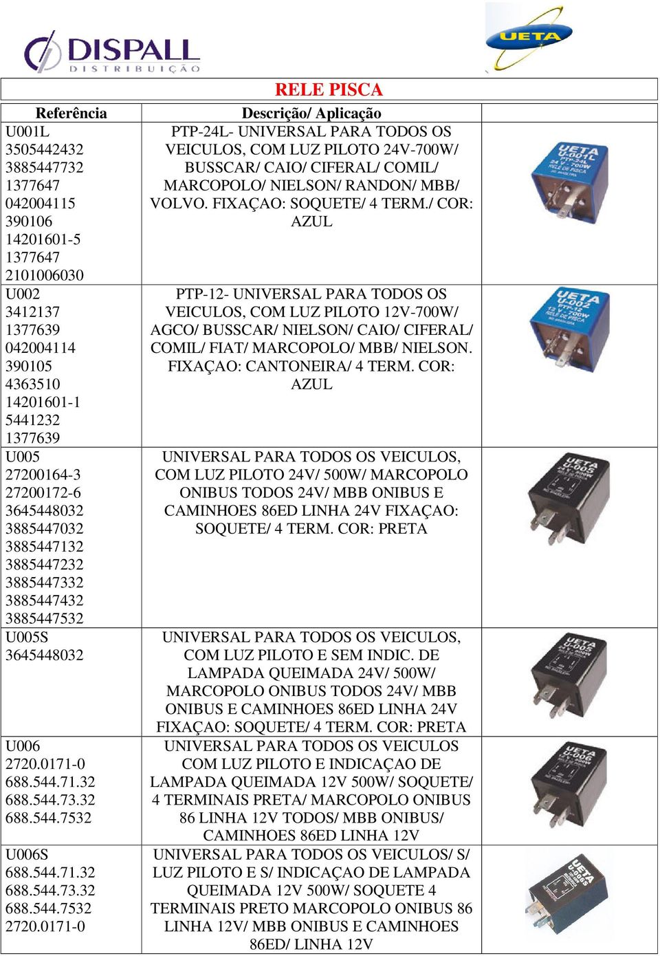 0171-0 RELE PISCA PTP-24L- UNIVERSAL PARA TODOS OS VEICULOS, COM LUZ PILOTO 24V-700W/ BUSSCAR/ CAIO/ CIFERAL/ COMIL/ MARCOPOLO/ NIELSON/ RANDON/ MBB/ VOLVO. FIXAÇAO: SOQUETE/ 4 TERM.