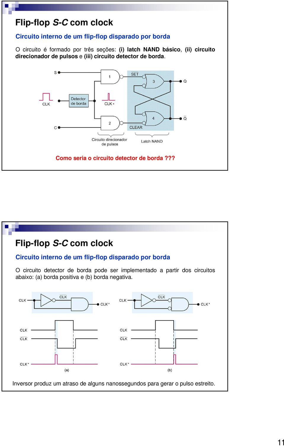 ?? Flip-flop S-C com clockk Circuito interno de um flip-flop disparado por borda O circuito detector de borda pode ser implementado a