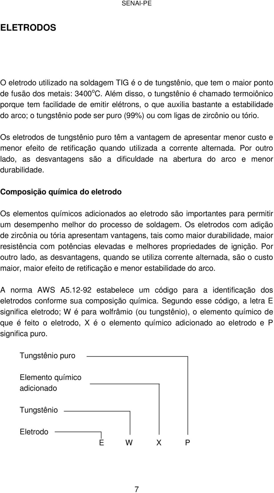 tório. Os eletrodos de tungstênio puro têm a vantagem de apresentar menor custo e menor efeito de retificação quando utilizada a corrente alternada.