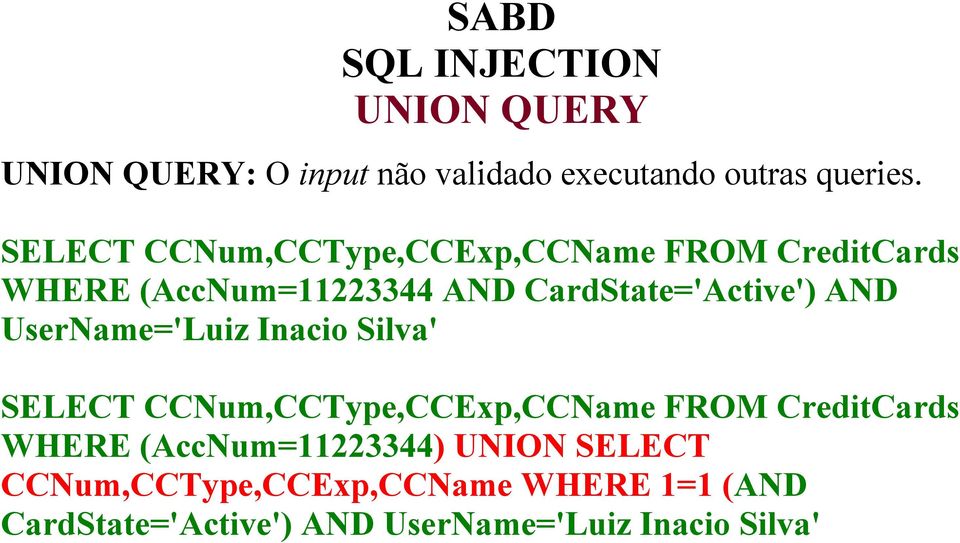 CardState='Active') AND UserName='Luiz Inacio Silva' SELECT CCNum,CCType,CCExp,CCName FROM