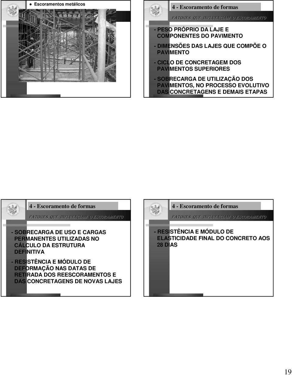 QUE INFLUENCIAM O ESCORAMENTO 4 - Escoramento de formas FATORES QUE INFLUENCIAM O ESCORAMENTO - SOBRECARGA DE USO E CARGAS PERMANENTES UTILIZADAS NO CÁLCULO DA ESTRUTURA DEFINITIVA