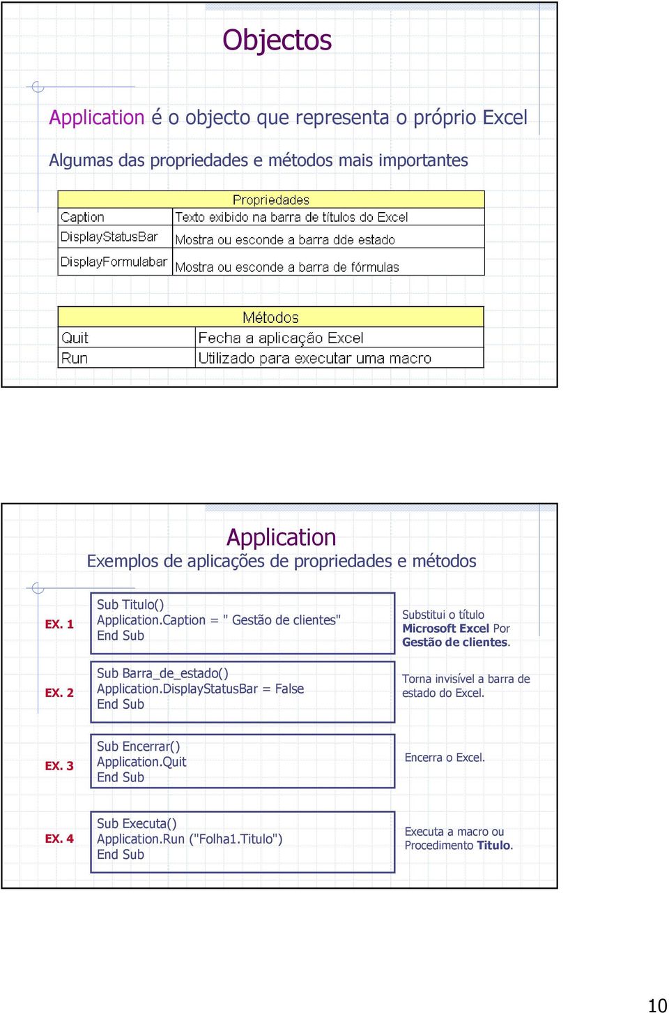 DisplayStatusBar = False Substitui o título Microsoft Excel Por Gestão de clientes. Torna invisível a barra de estado do Excel. EX.