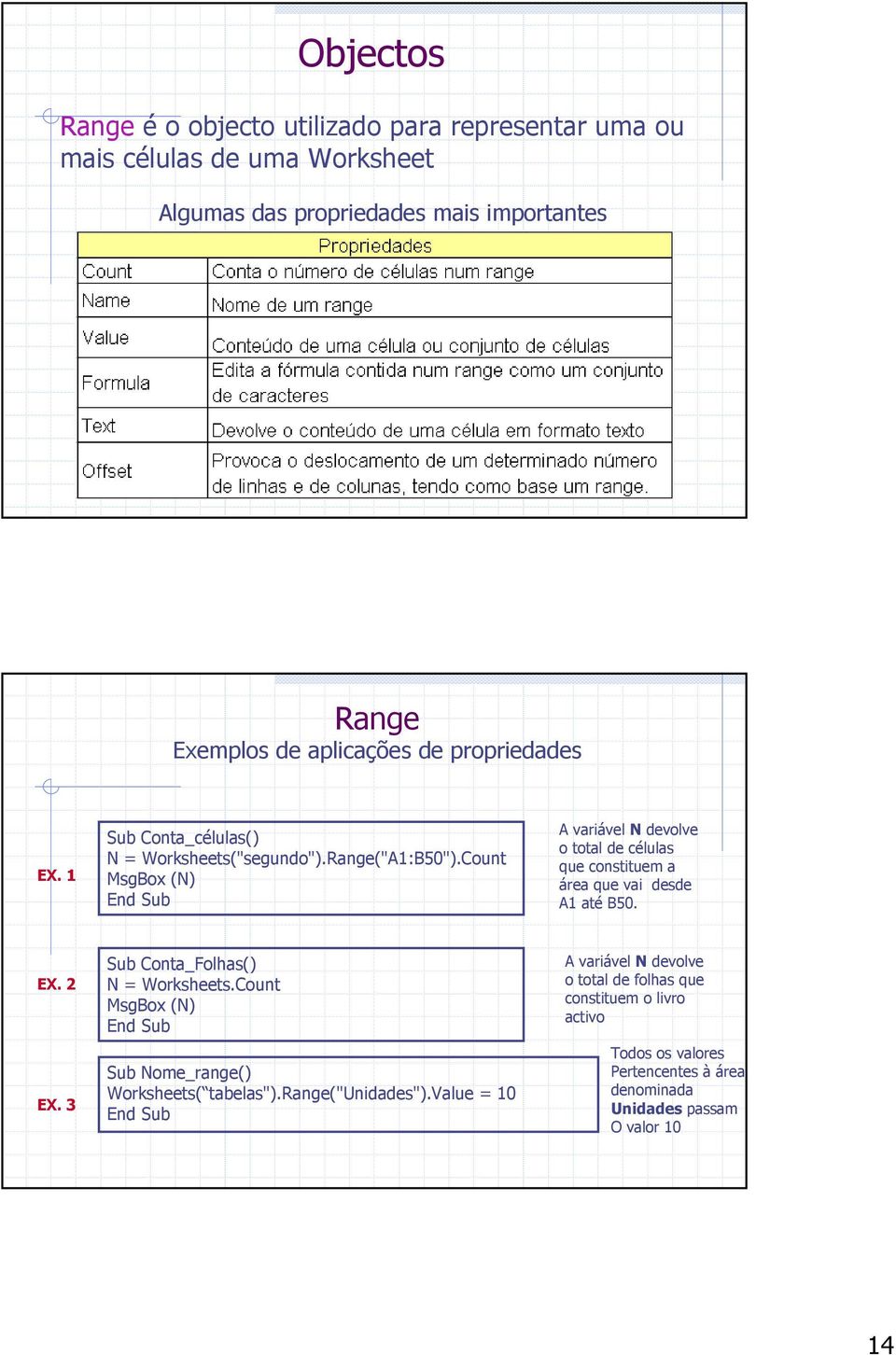 Count MsgBox (N) A variável N devolve o total de células que constituem a área que vai desde A1 até B50. EX. 2 EX. 3 Sub Conta_Folhas() N = Worksheets.