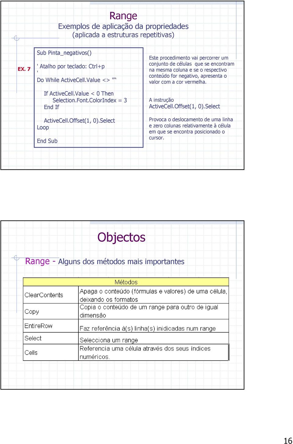 Select Loop Este procedimento vai percorrer um conjunto de células que se encontram na mesma coluna e se o respectivo conteúdo for negativo, apresenta o valor com