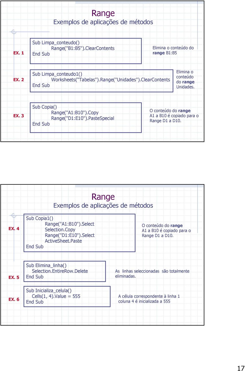 Range Exemplos de aplicações de métodos EX. 4 Sub Copia1() Range("A1:B10").Select Selection.Copy Range("D1:E10").Select ActiveSheet.Paste O conteúdo do range A1 a B10 é copiado para o Range D1 a D10.