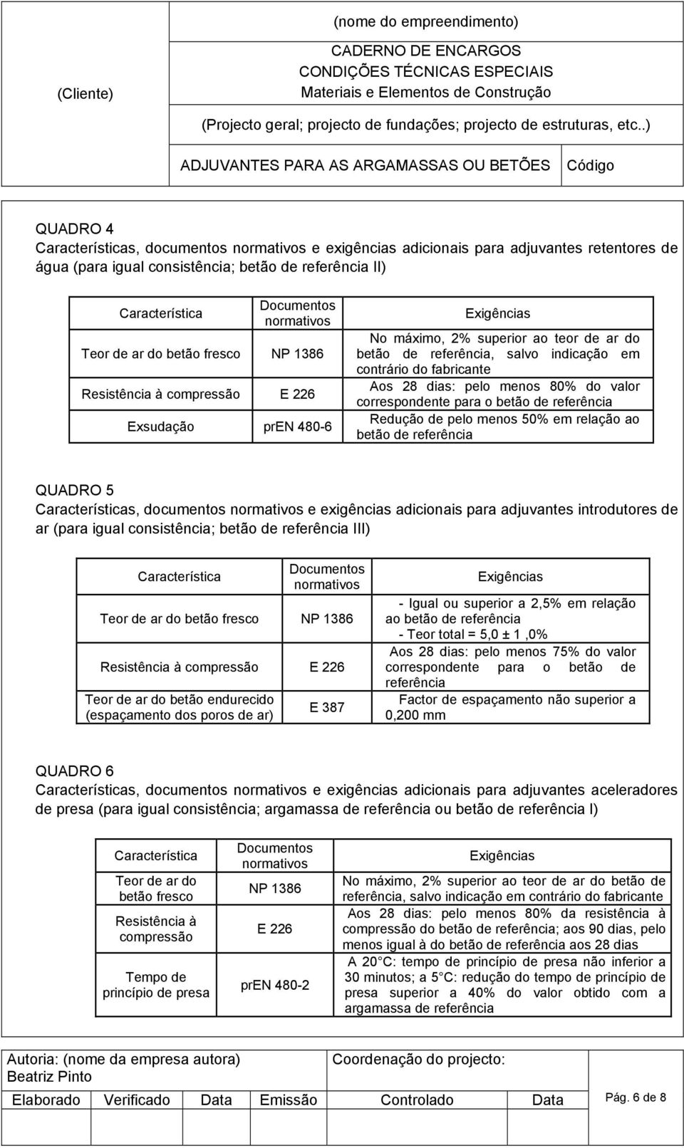 relação ao betão de referência QUADRO 5 s, documentos e exigências adicionais para adjuvantes introdutores de ar (para igual consistência; betão de referência III) Teor de ar do betão fresco Teor de