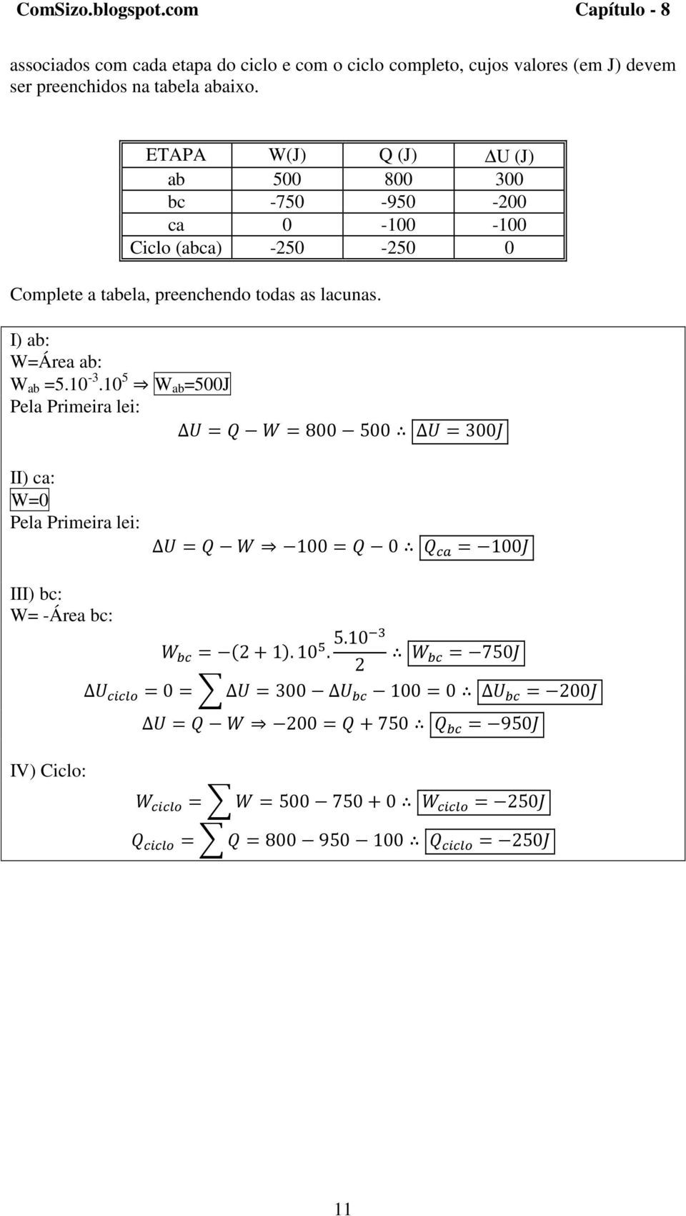 preenchendo todas as lacunas. I) ab: W=Área ab: W ab =5.10-3.